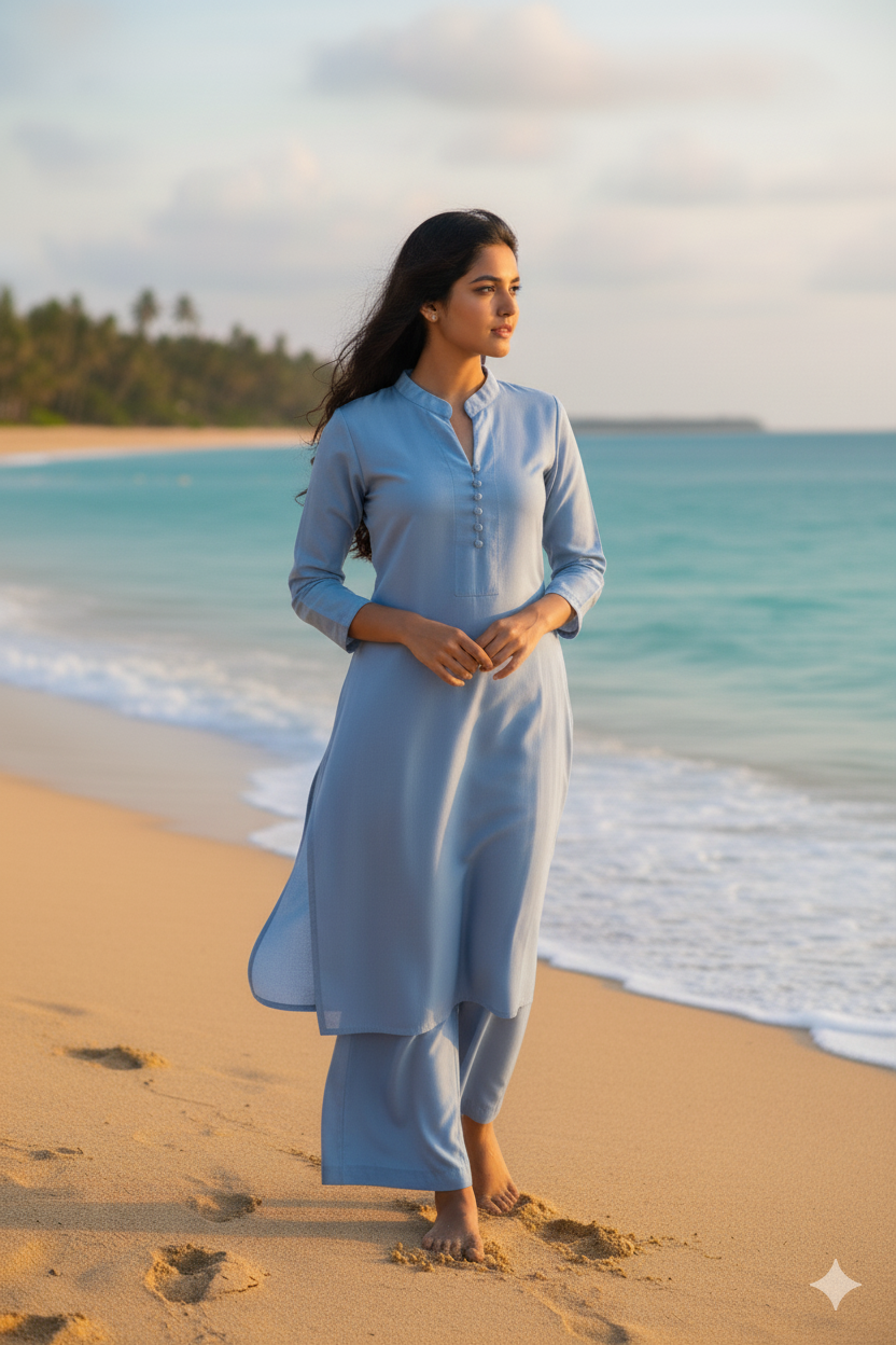 Graceful Sky-Blue Beach Kurta: Coastal Elegance - M
