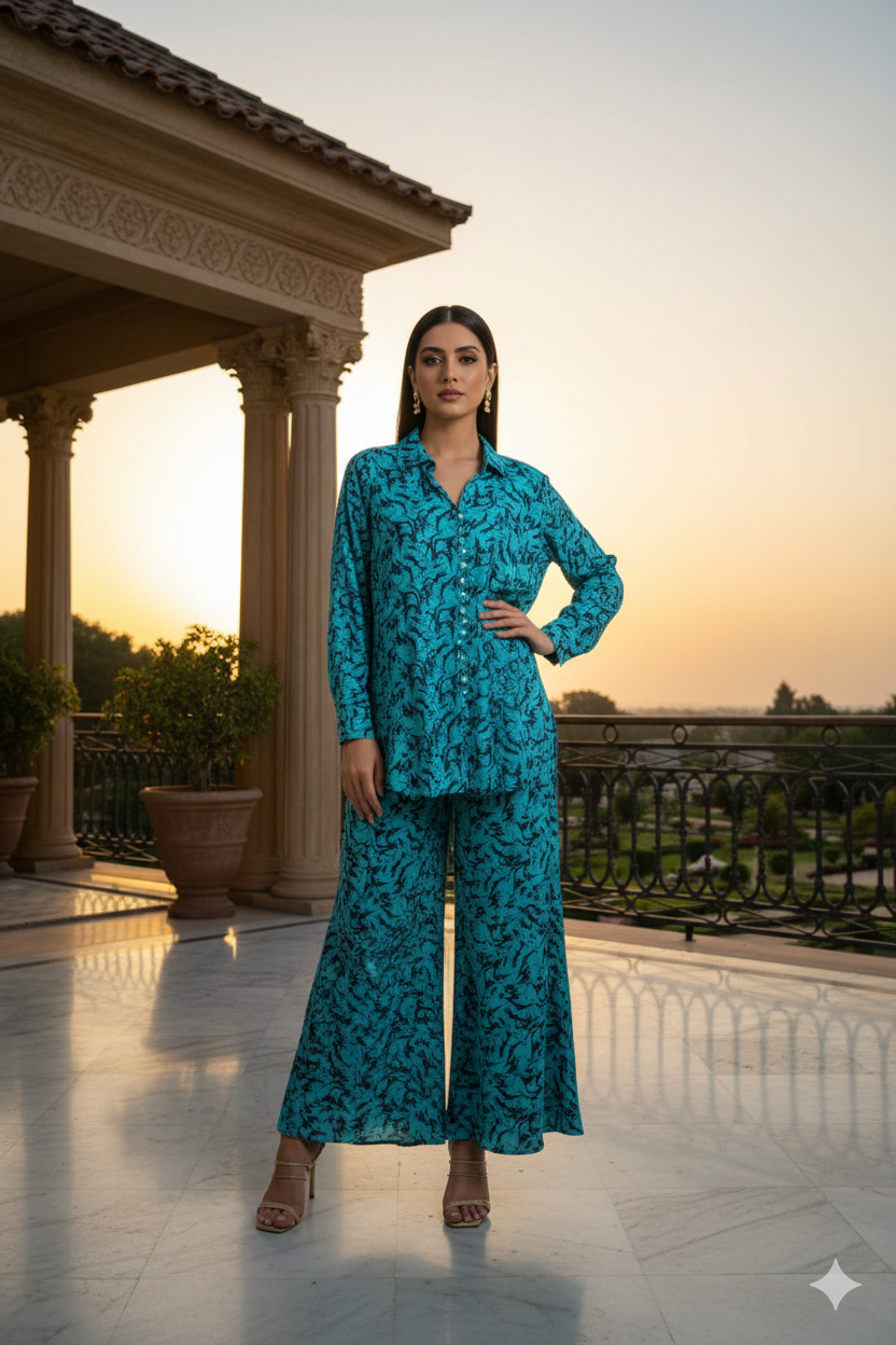 Chic Teal Floral Print Shirt with Flowing Palazzo Pants