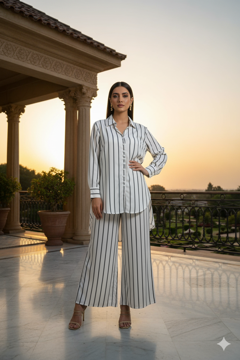Sophisticated White & Black Striped Shirt with Flowing Palazzo Pants