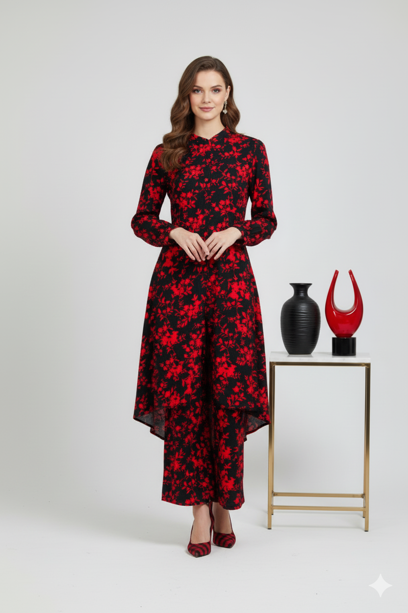 Stunning Red & Black Floral Print Tunic with Asymmetrical Hem