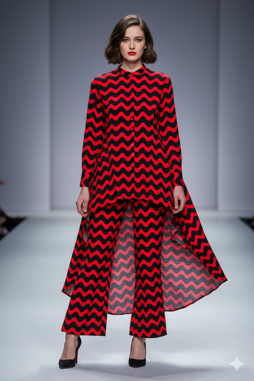 Bold Red & Black Wave Print Tunic with Flowing Palazzo Pants