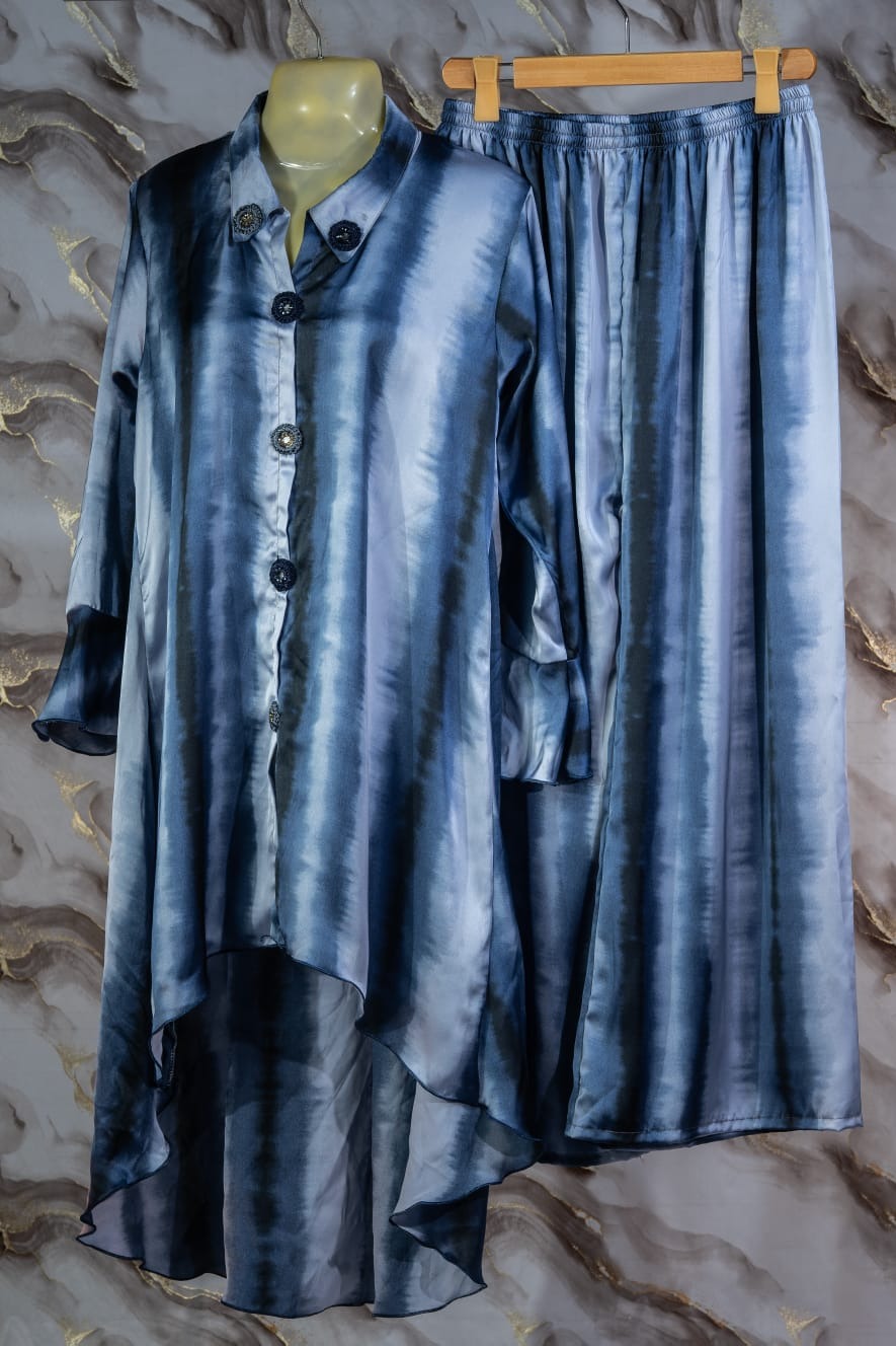 Chic blue and White Plaid Tunic and Pants Set with Modern Design