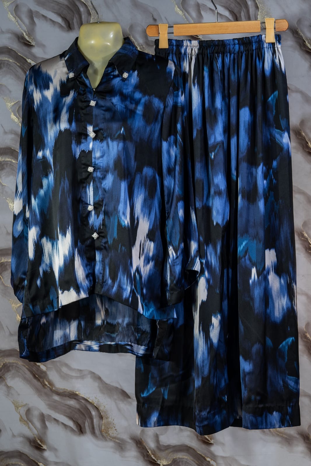 Bold Blue and Black Abstract Tunic and Pants Set with Pearl Buttons