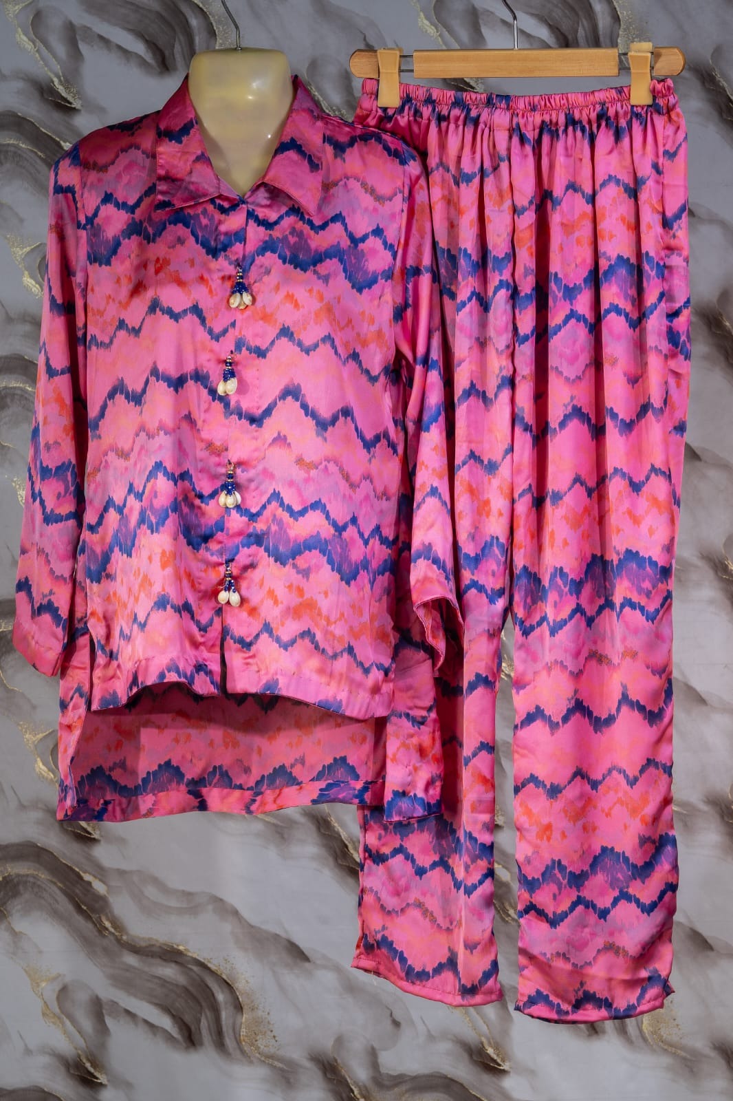 Vibrant Pink and Purple Wave Tunic Set with Bead Embellishments