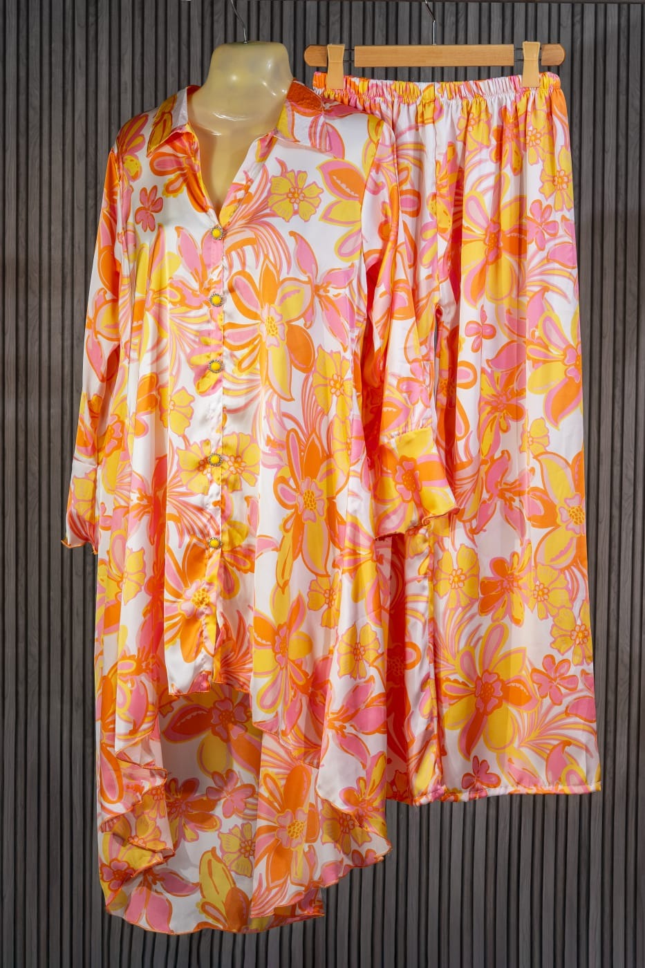 Vibrant Orange and Pink Floral Tunic Set with Jeweled Buttons