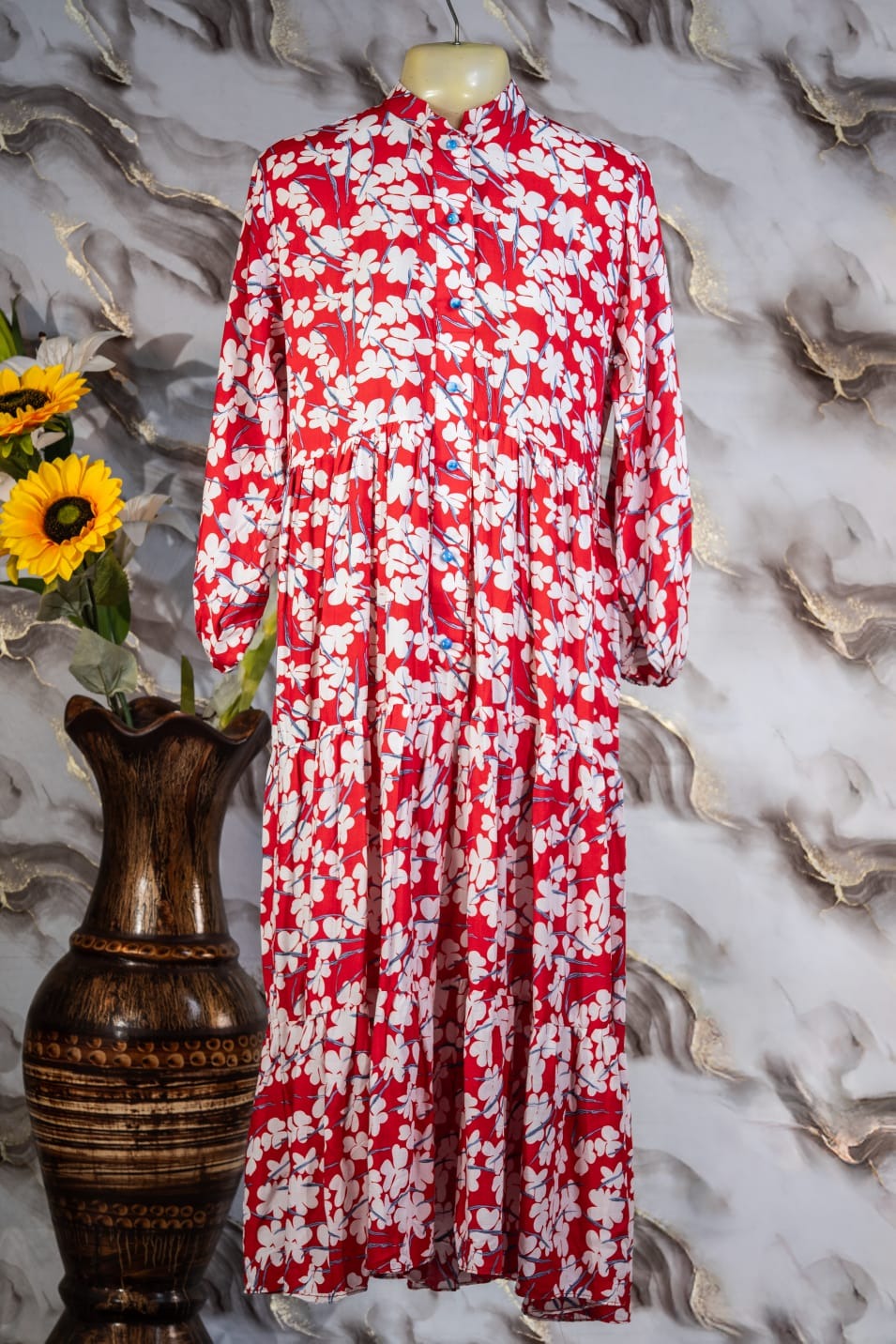 Vibrant Red Floral Maxi Dress: Bold and Beautiful Bloom